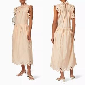 Magali Pascal Corinne Silk Blend Midi Dress Peach/Orange Ruffle Sleeve Small